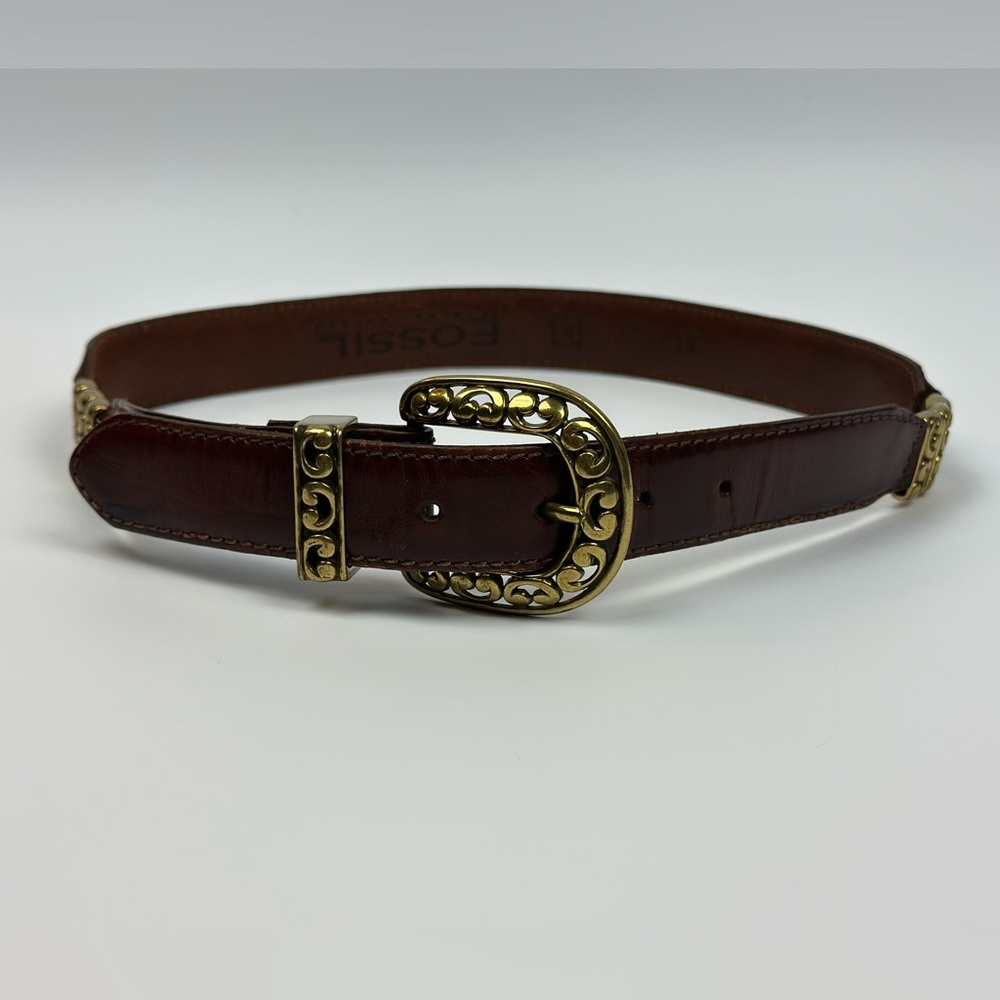 Women’s Fossil BT7733 Genuine Leather Dark Brown Gold Western Belt 34”